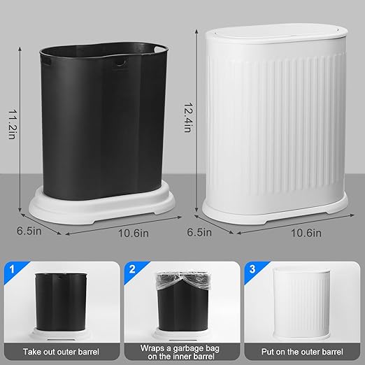 Anzoymx Bathroom Trash Cans White Stainless Steel Small Garbage Can with Pop up Lid, 1.8 Gallons Dog Proof Narrow Wastebasket, Slim Litter Trash Bins for Bedroom, Toilet, Office