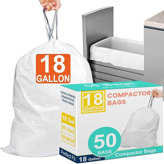 18 Gallon Heavy Duty Compactor Trash Bags 1.2 Mil THICK (50 Count) Reinforced Drawstring Garbage Liners Fit 13-18 Gallon Compatible with Kitchenaid, Whirpool, GE 15 Inch Compactors GRAND SAVE!