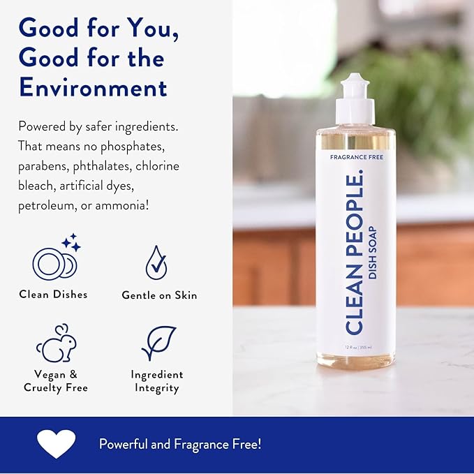 THE CLEAN PEOPLE Liquid Dish Soap - Clean, Simple Ingredients - Extra Scrubbing Power (Fragrance Free) 12 fl. oz (3 Pack)