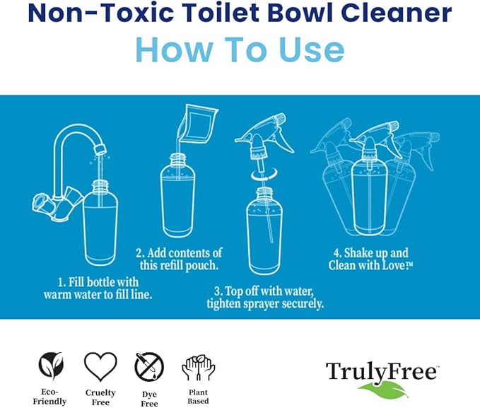 Truly Free Toilet Bowl Cleaner - Heavy-Duty Stain Remover - Septic Safe, Plant-Based Formula - Fresh Peppermint Scent - 1 Refill (3oz) with Empty Refillable Bottle