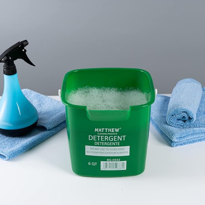 Matthew Detergent and Sanitizing Cleaning Bucket 6 Quart Plastic Pail,Set of 6 Square Containers,Built-in Spout w/Handle,Wash Rinse Sanitize Handwash Bucket for Home Office Commercial (Green)