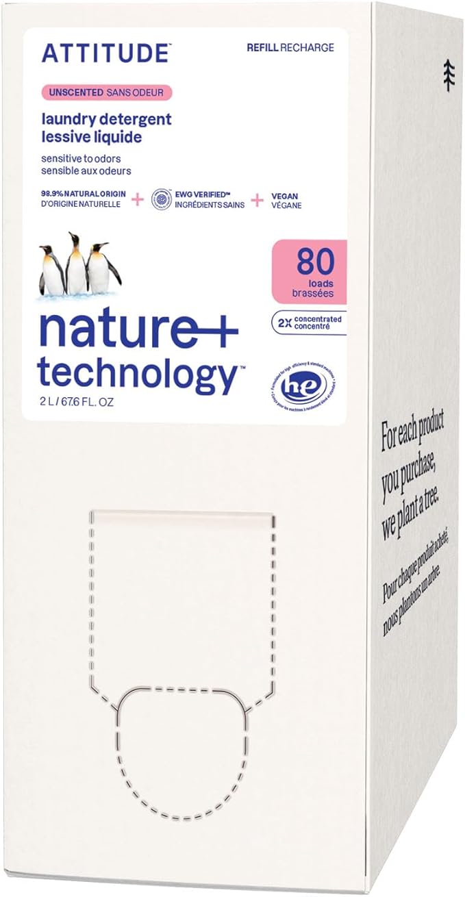 ATTITUDE Liquid Laundry Detergent Refill, EWG Verified, HE Compatible, Plant-Based & Vegan, Natural Laundry Soap, Unscented, 80 Loads, 67.6 Fl Oz