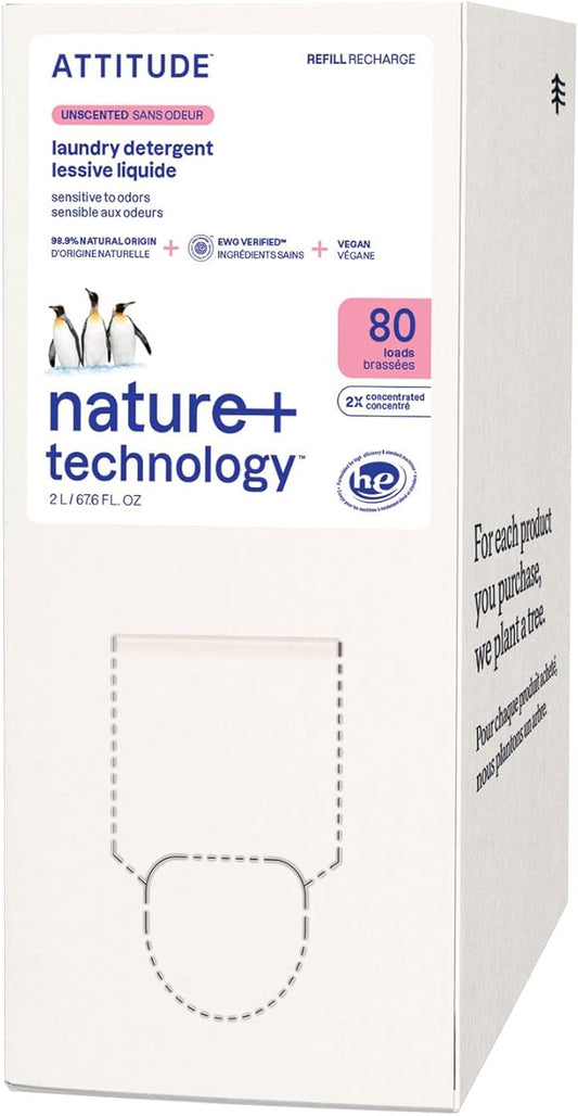 ATTITUDE Liquid Laundry Detergent Refill, EWG Verified, HE Compatible, Plant-Based & Vegan, Natural Laundry Soap, Unscented, 80 Loads, 67.6 Fl Oz