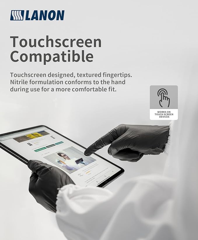 LANON 6-mil Black Nitrile Disposable Gloves, Food-Safe, Powder-Free, Heavy-Duty, Textured Fingertips, Latex-Free, Large