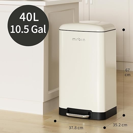MRBIN Metal Kitchen Trash Can, Commercial Step Office Garbage Bin with Soft Close Lid, 40L / 10.5gal Stainless Steel Foot Pedal Tall Rectangle Waste Basket for Rv, Bathroom Accessories, White