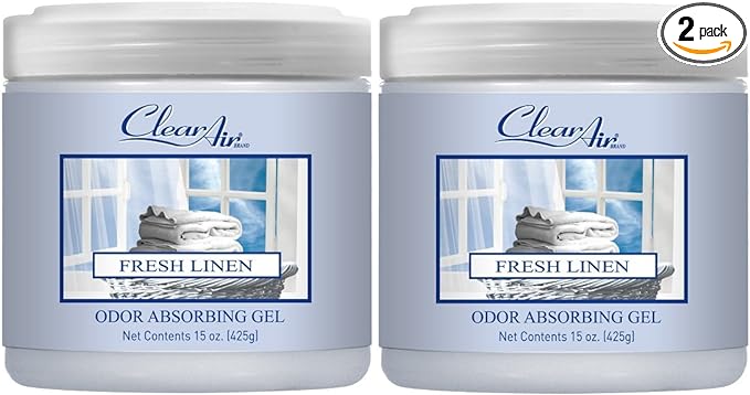 Clear Air Odor Absorber Gel - 15 oz, Pack of 2 - Air Freshener Absorbs and Eliminates Odors in Bathrooms, Cars, Boats, RVs and Pet Areas - Made with Essential Oils - Fresh Linen Scent