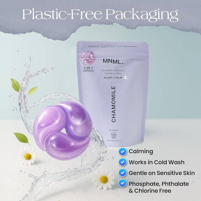 MNML Chamomile Laundry Pods designed for Sleep & Calm, Eco-Friendly Natural Laundry Detergent Pods for Sensitive Skin. No Plastic, Natural Bio-Enzymes, Luxury Fragrance, 30ct Capsules, Refill Bag