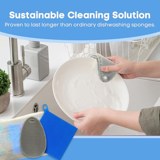 Silicone Dish Sponge Dish Scrubber (Oval and Square) - Dual-Sided, Food Grade Silicone Sponges for Dishes and Housecleaning 2-Pack