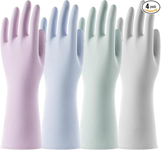 Rubber Cleaning Dishwashing Gloves 4 Pairs Reusable Kitchen Glove for Washing Dishes & Household Bathroom Cleaning Dish Gloves with Flock Lining Anti-Slip Grip Waterproof Thick Long-lasting Colorful L