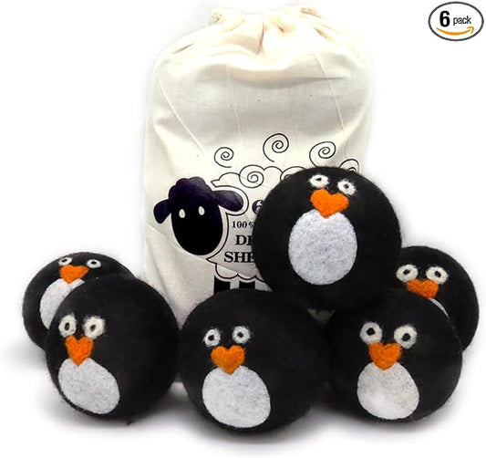 Pack of 6 Wool Dryer Balls, Muulaii Reusable Fabric Softener, Extra Large, Black Penguin