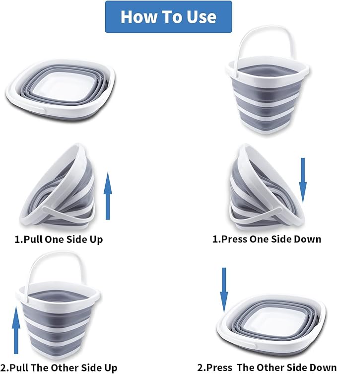 Collapsible Bucket 10L 2.6 Gallon Cleaning Bucket Mop Bucket Folding Foldable Portable Small Plastic Water Supplies for Outdoor Garden Camping Fishing Car Wash Space Saving Grey Square