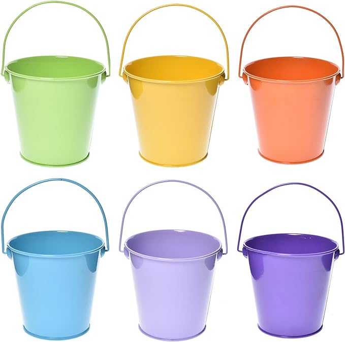 Colored Tin Buckets with Handle, 6 Pack 7.48 inch Galvanized Iron Pail Buckets for Kids, Classroom, Crafts and Party Favors