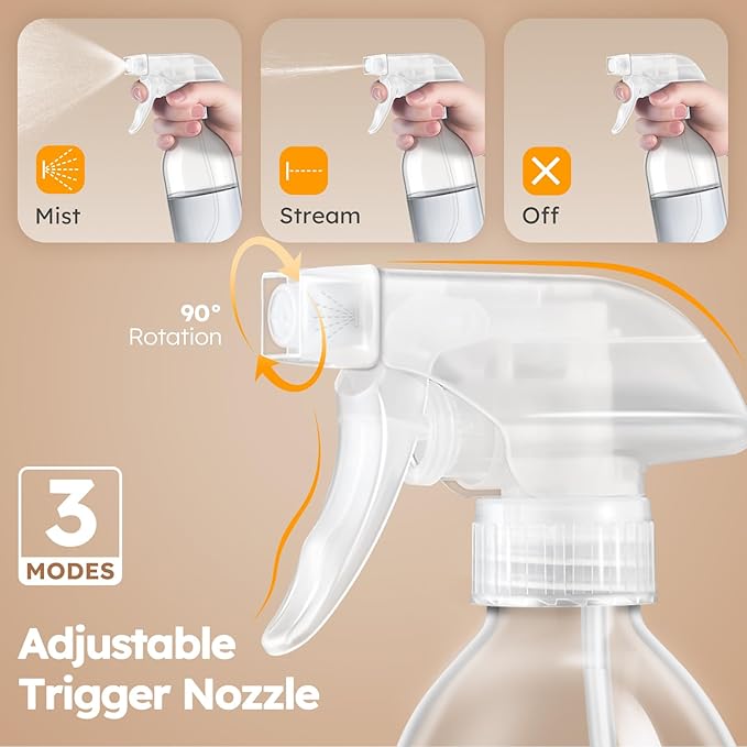 Tecohouse Glass Spray Bottles 8oz, 2 Pack 360° Glass Spray Bottle for Cleaning Upside Down Mister Squirt Bottle with Adjustable Nozzle for Hair, Plants, Pet Clear White Nozzles