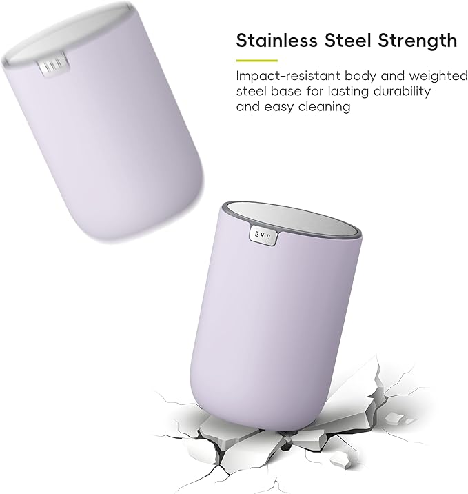EKO Mini Desk Trash Can with Swing-Top Lid 0.4 Gallon Small Table Round Wastebasket for Office, Home, Car (Lavender)