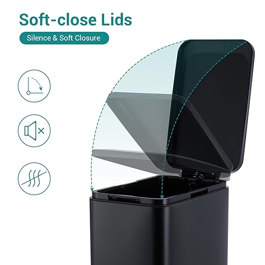 13.2 Gallon / 50L Kitchen Trash Can, Slim Stainless Steel Garbage Can with Removable Inner Bucket, Fingerprint-Proof Step Rubbish Bin with Soft-Close Lid for Narrow Space, Black
