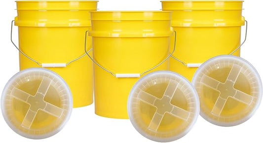 House Naturals 5 Gallon Plastic Yellow Food Grade BPA Free Made in USA Bucket Pail with Air Tight Double Gasket Screw on Lid(Pack of 3) (Yellow and Clear lids)