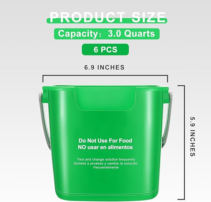 Roshtia 6 Pcs 3 Quart Cleaning Bucket Small Sanitizing Square Bucket Detergent Pail for Home Commercial Restaurant Kitchen Office School (Green)