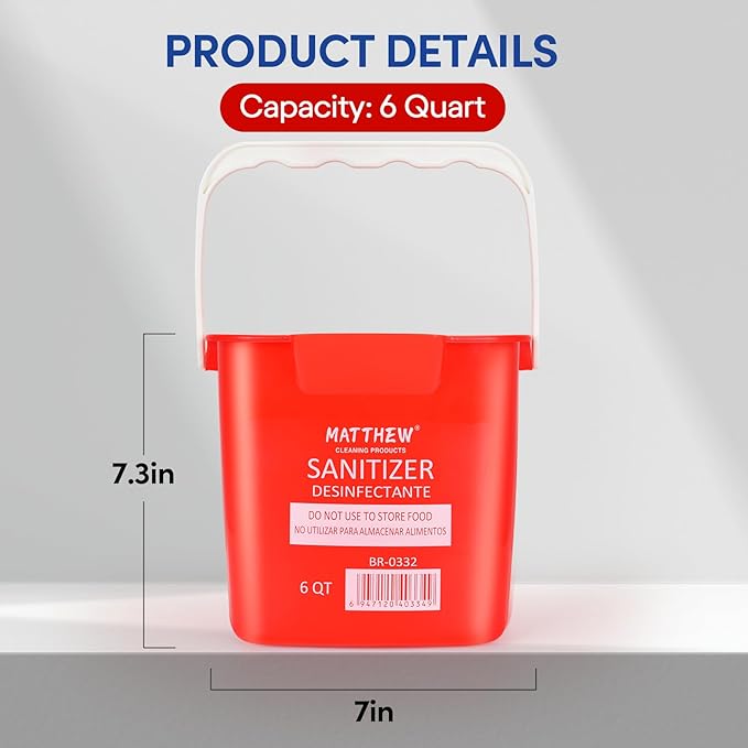 Matthew Detergent And Sanitizing Cleaning Bucket 6 Quart Plastic Pail,Set of 6 Square Containers,Built-In Spout w/Handle,Wash Rinse Sanitize Handwash Bucket for Home Office Commercial Restaurant (Red)