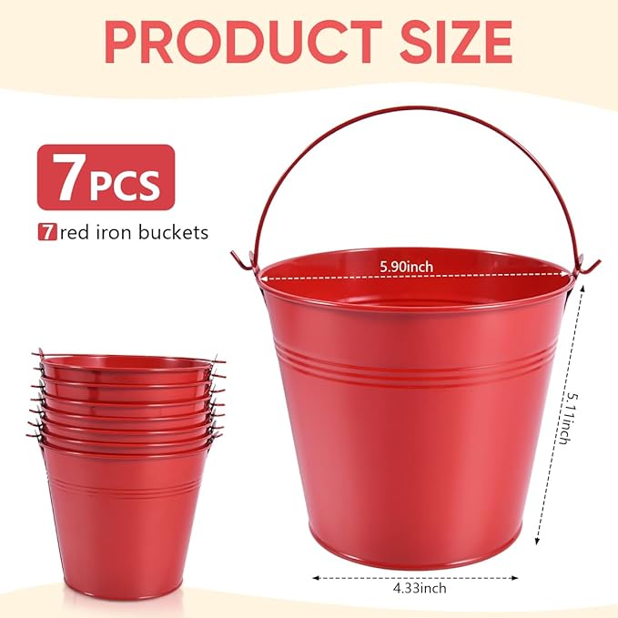 OBTANIM 7 Pack Red Metal Buckets with Handle Galvanized Ice Pails for Plants, Succulents, Party Favors Organizing, Rustic Home Decor or Classrooms Pencil Storage (6 x 4.4 inch)
