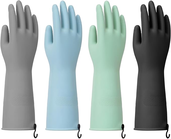 Rubber Dishwashing Gloves for Kitchen 4 Pairs Cleaning Household Dish Washing Reusable & Waterproof Latex Glove(Small/with Hook)