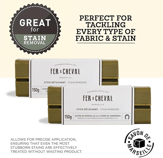 Fer à Cheval Marseille Soap Stain Remover Stick 2 Pack - Natural, Hypoallergenic, Travel-Sized Laundry Solution, 150g/5.29oz (Stick with Sommières Clay)