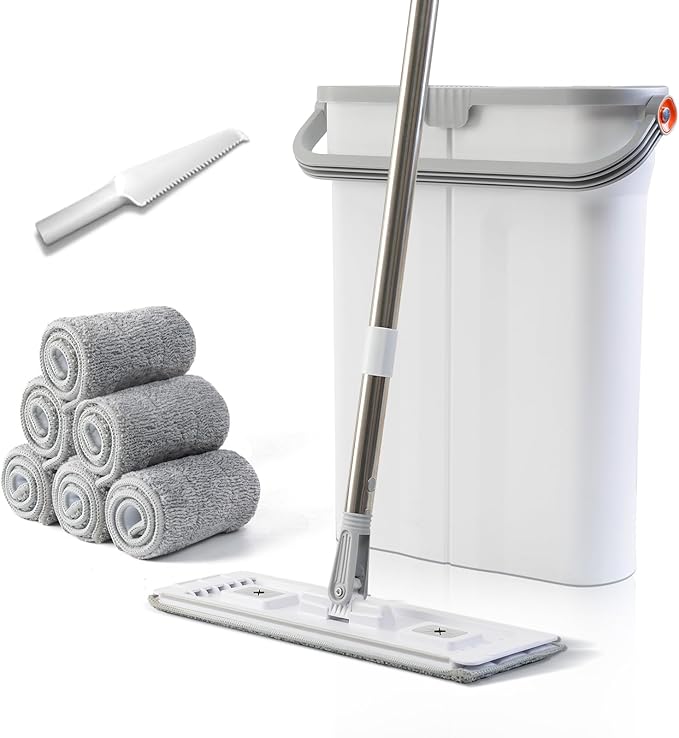 Mop and Bucket Set with Wringer Flat Mop Bucket System for Home Floor Cleaning,6 Reusable Microfiber Pads,Extended Stainless Steel Handle,Ideal for Hardwood,Wood,Laminate Floors,and Bathroom Mop