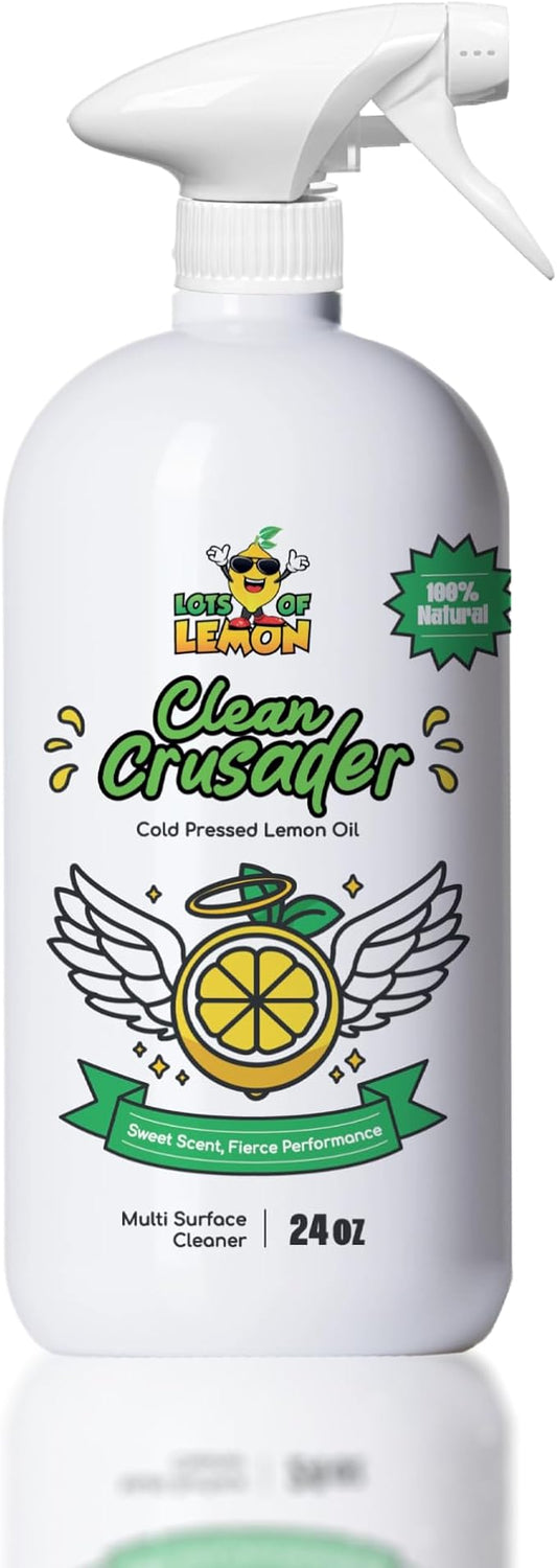 Clean Crusader 24 oz Natural Cold Pressed Lemon Oil Multipurpose Cleaner Spray for Kitchen, Bathroom, Hardwood Floors at home and office | 3 simple ingredients | Made in USA