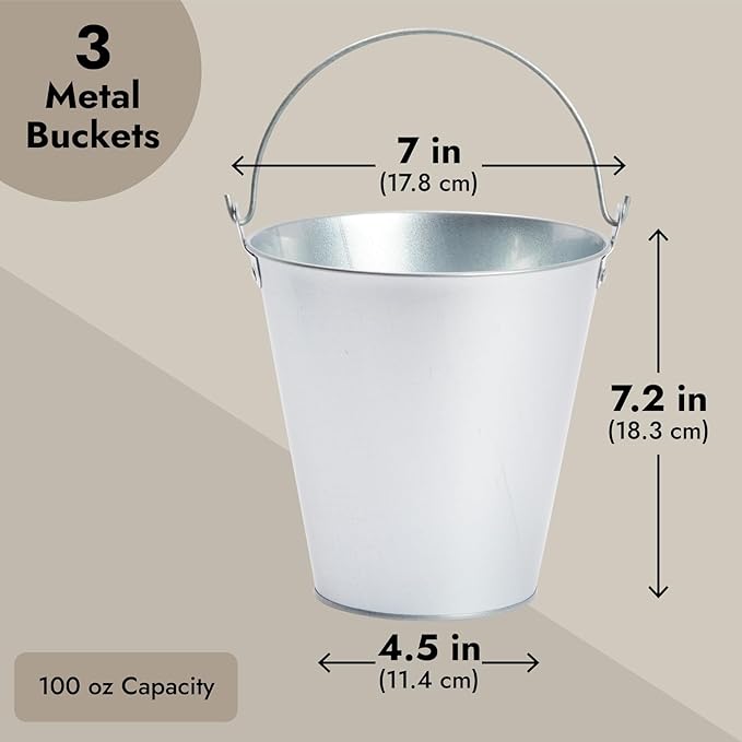Juvale Metal Bucket 3-Pack - 7 in Top Dia x 4.5 in Bottom x 7.2 in H, 100 oz, Silver - Ice Bucket & Beer Chiller Tin Pails, Galvanized Party Pails for Centerpieces