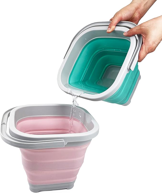 SAMMART Collapsible Rectangular Cleaning Bucket 5L (1.3 Gallon)- Foldable Camping Beach Sand Water Pot Pail- Portable Space Saving Tub for Household, Outdoor Car Washing (Grey + Pale Pink (Set of 2))