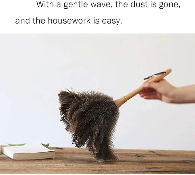 Feather Dusters for Cleaning, Feather Duster Ddzmz Fluffy Natural Genuine Ostrich Feathers and Reusable Wooden Long Handle Large Ostrich Feather Duster Cleaning for Housewife Brown Length 24" 1Pack