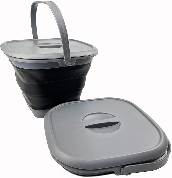 SAMMART 8.5L (2.2 Gallon) Collapsible Square Handy Bucket with Lid/Foldable Square Water Pail with Lid/Portable Tub with Handle and Lid (Grey/Black (Set of 2))