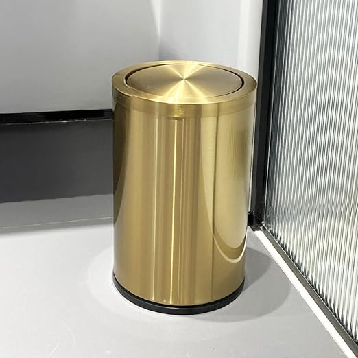 2.4 Gallon Brush Gold Bathroom Trash can with Lid, Modern, Luxury Garbage Can, Wastebasket for Bedroom Office Hotel (Gold Single Layer)