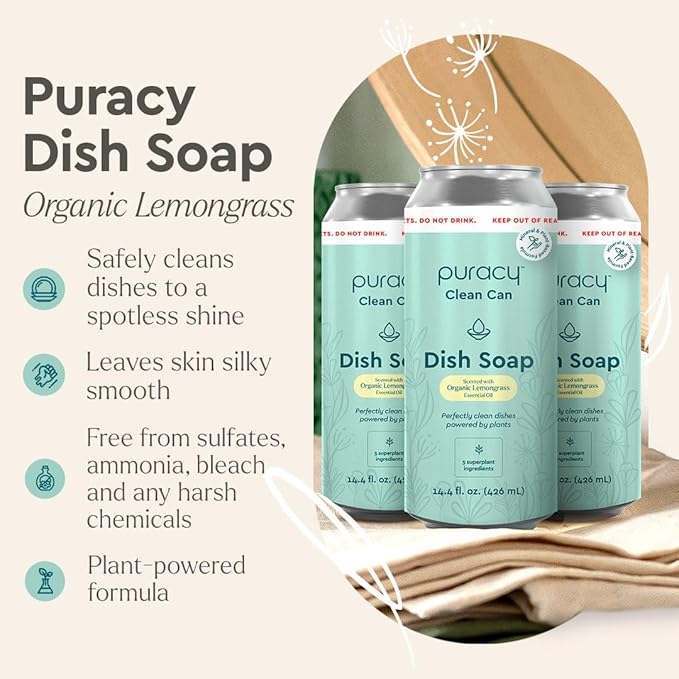 Puracy Natural Dish Soap Clean Can Refill Packs- Plant-Based Dishwashing Soap, Non-Toxic Dish Soap, Natural Liquid Dishwashing Detergent Soap As Seen on TikTok (Organic Lemongrass, 14.4 fl oz, 3 Pack)