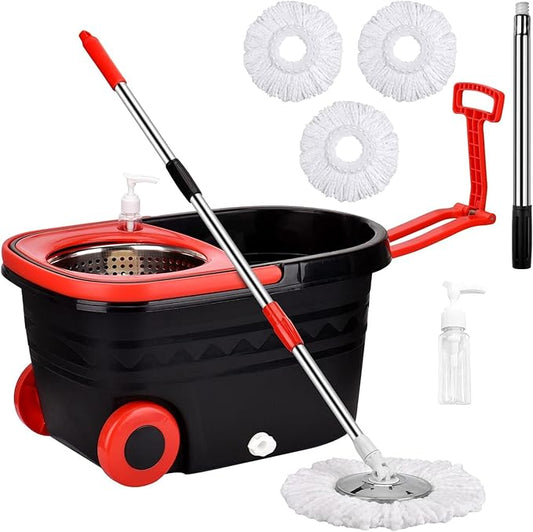 Spin Mop and Bucket with Wringer Set on Wheels, 360° Spinning Mop Bucket System with 3 Microfiber Mop Replacement Heads and 61" Stainless Steel Adjustable Handle for Floor Cleaning (25QT)