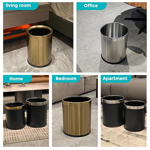 3.7 Gallon / 14L Black Bathroom Trash Can Metal,Double Walled Waste Paper Basket,Bathroom Garbage Can,Elegant,Modern Office Waste Basket,for Bedroom,Kitchen,Hotel,Cafe,Business(14L Black)
