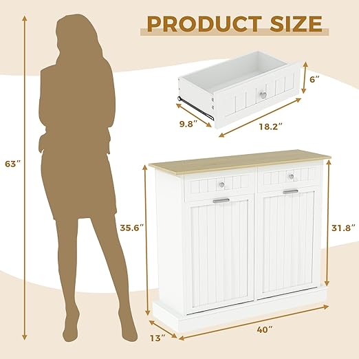 20 Gallon Tilt Out Trash Cabinet, 2-Door Wood Freestanding Garbage Recycling Cabinet with Hideaway Drawer & Pet Proof Design, White Trash Bin Holder for Kitchen, Living Room