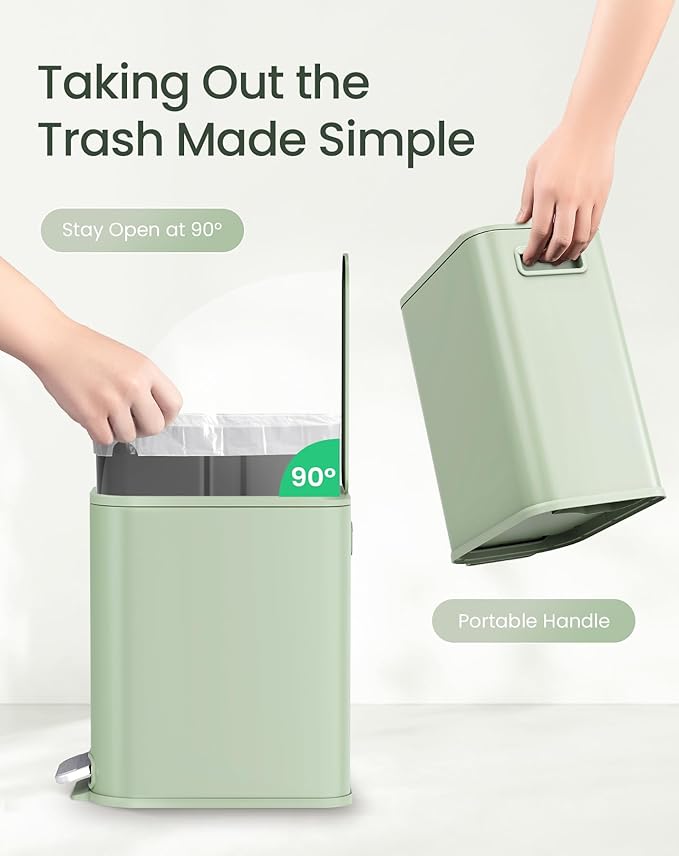 Cesun Small Bathroom Trash Can with Lid Soft Close, Step Pedal, 5 Liter / 1.3 Gallon Stainless Steel Garbage Can with Removable Inner Bucket, Waste Basket for Bathroom, Bedroom (Green)