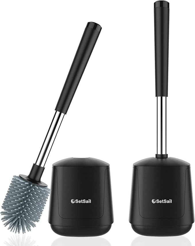 SetSail Silicone Toilet Bowl Brush and Holder Automatic Toilet Brushes for Bathroom with Holder Ventilated Toilet Cleaner Brush for Toilet Scrubber Cleaning - Black (2 Packs)