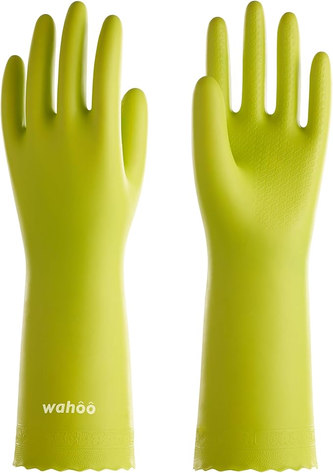 wahoo Skin-Friendly Cleaning Gloves, Cotton Flocked Lined Dishwashing Gloves, Reusable, Non-Slip, Waterproof, Bud Tender, Small