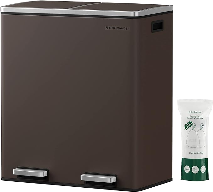 SONGMICS Trash Can, 2 x 8 Gallon (2 x 30 L) Garbage Can for Kitchen, with 15 Trash Bags, 2 Compartments, Plastic Inner Buckets and Hinged Lids, Airtight, Brown ULTB60BR