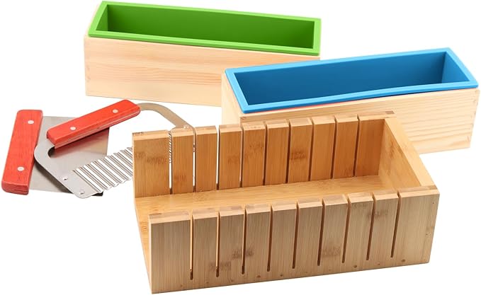 ZOENHOU 7PCS 42oz Soap Molds with Stainless Steel Wavy Slicer and Straight Slicer, Soap Loaf Bar Rectangular Silicone Soap Making Molds Kit with Wood Box DIY Tool Set for Soap Making Supplies