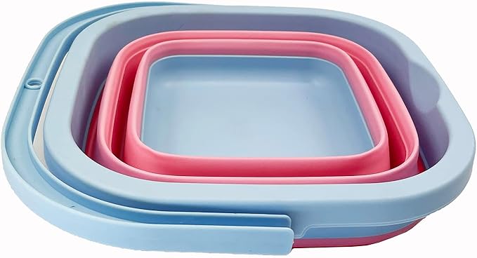 SAMMART Collapsible Rectangular Cleaning Bucket 5L (1.3 Gallon)- Foldable Camping Beach Sand Water Pot Pail- Portable Space Saving Tub for Household, Outdoor Car Washing (Cool Blue/Maglia Rosa)