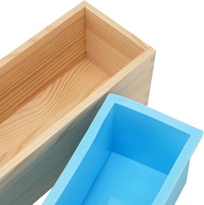 3 Set 42 oz Silicone Soap Molds, Rectangular Bar Loaf Soap Making Mold Kit with Wood Boxes and Lids, Flexible Soap Molds for Soap Making Supplies, DIY Homemade Soap, Craft, Blue