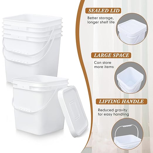 Mumufy 5 Pcs 3.5 Gallon Square Food Grade Bucket with Lid Square Bucket Pail with Plastic Handles for Storing Dry Food, Charcoal, Camping, Fishing (White)