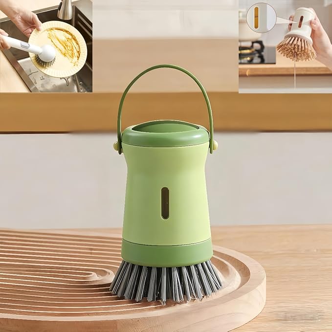 Adjustable Dish Brush with Soap Dispenser, Non-Scratch PET Bristles, Ergonomic Handle, Kitchen Cleaning Tool for Pots, Pans & Sink (Green, Short Style-1 Piece)