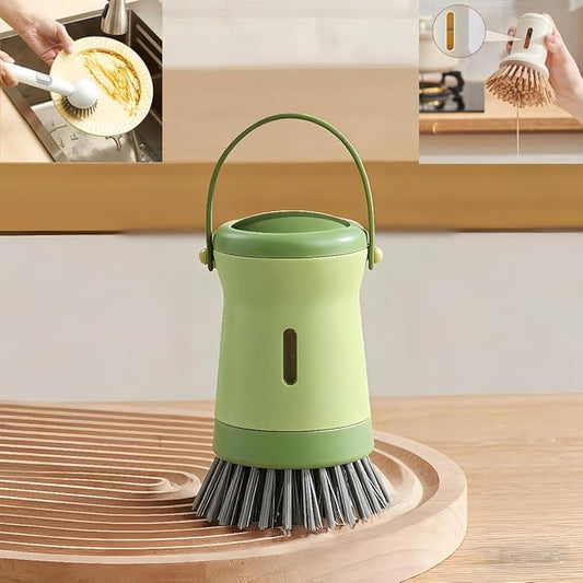 Adjustable Dish Brush with Soap Dispenser, Non-Scratch PET Bristles, Ergonomic Handle, Kitchen Cleaning Tool for Pots, Pans & Sink (Green, Short Style-1 Piece)