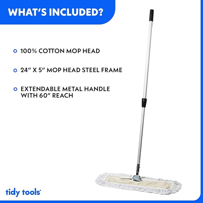Commercial Dust Mop – 24 Inch Floor Sweeper for Hardwood, Reusable Cotton Mop Head, Extendable Handle, Dry Mop for Floor Cleaning & Janitorial Supplies
