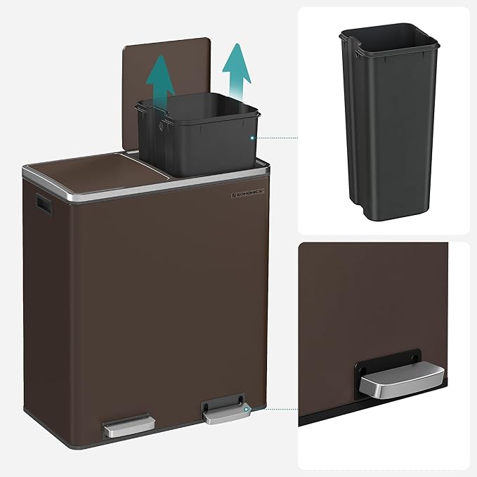 SONGMICS Trash Can, 2 x 8 Gallon (2 x 30 L) Garbage Can for Kitchen, with 15 Trash Bags, 2 Compartments, Plastic Inner Buckets and Hinged Lids, Airtight, Brown ULTB60BR