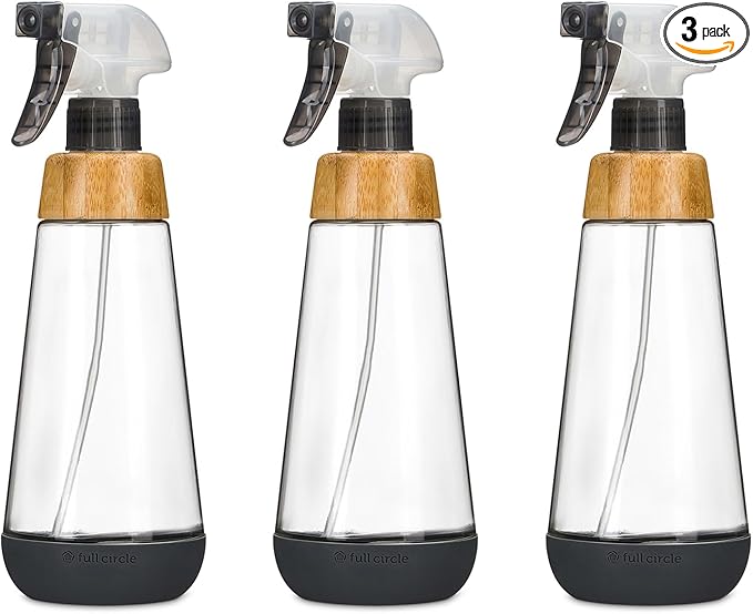 Full Circle Bottle Service-Refillable Glass Spray Bottle-Versatile Stream & Mist Options,Bamboo with Protective Silicone Boot-Ideal for Non-Toxic Cleaning Solutions & Plant Care,16oz Gray,3 Pack