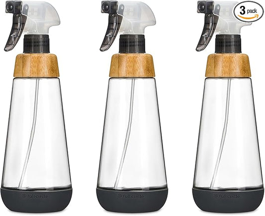 Full Circle Bottle Service-Refillable Glass Spray Bottle-Versatile Stream & Mist Options,Bamboo with Protective Silicone Boot-Ideal for Non-Toxic Cleaning Solutions & Plant Care,16oz Gray,3 Pack